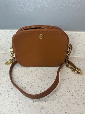 Tory Burch Cognac Saffiano Leather Crossbody with Gold Chain